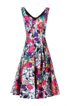 Retro Floral Printed Dress, Black Floral