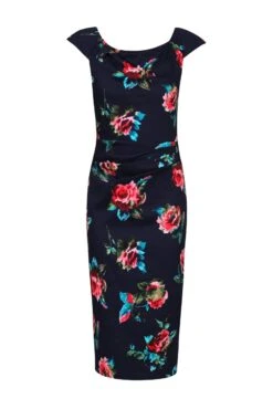 Floral Print Ruched Wiggle Dress, Navy Floral