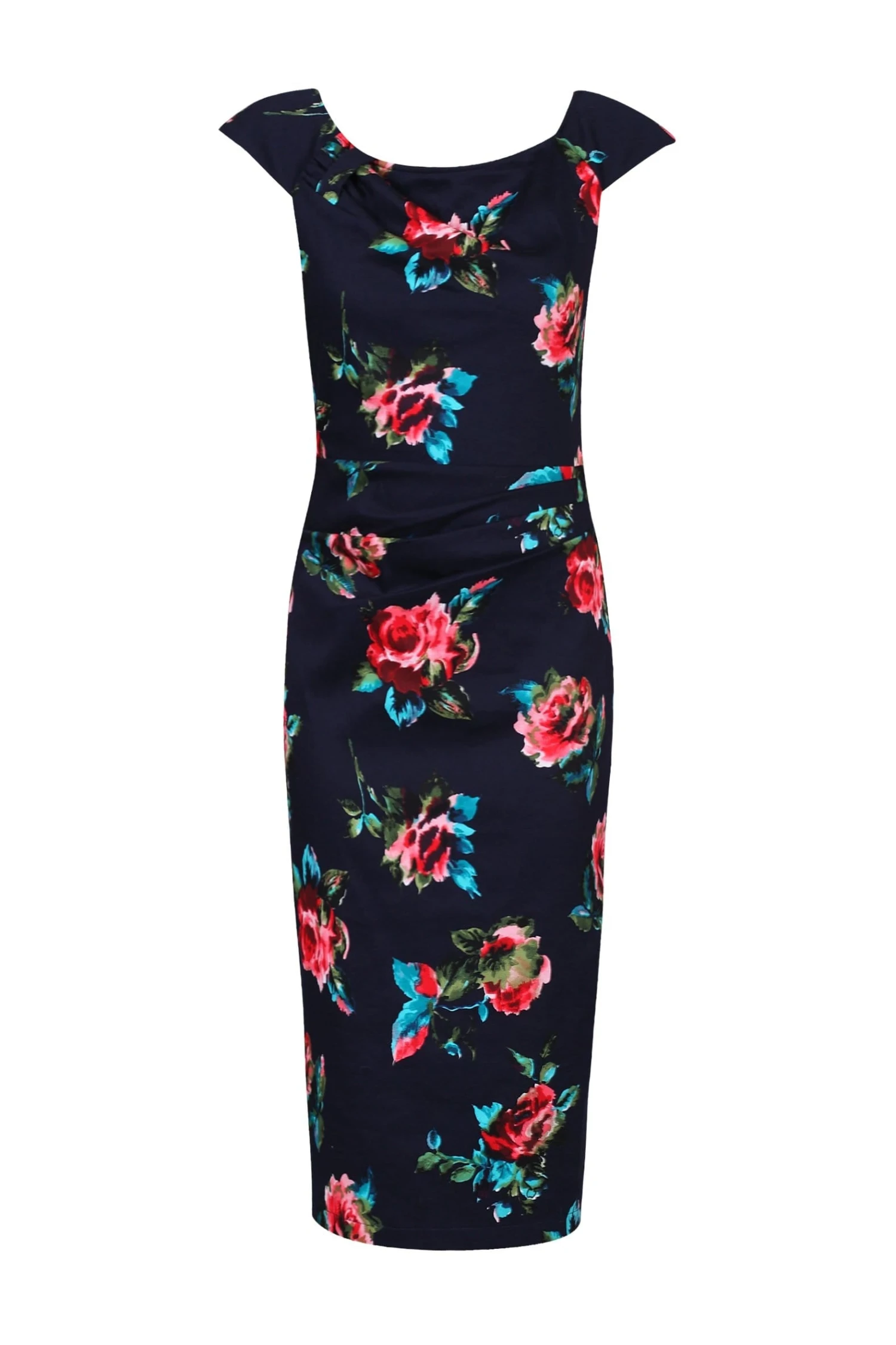 Floral Print Ruched Wiggle Dress, Navy Floral 1 Floral Print Ruched Wiggle Dress, Navy Floral