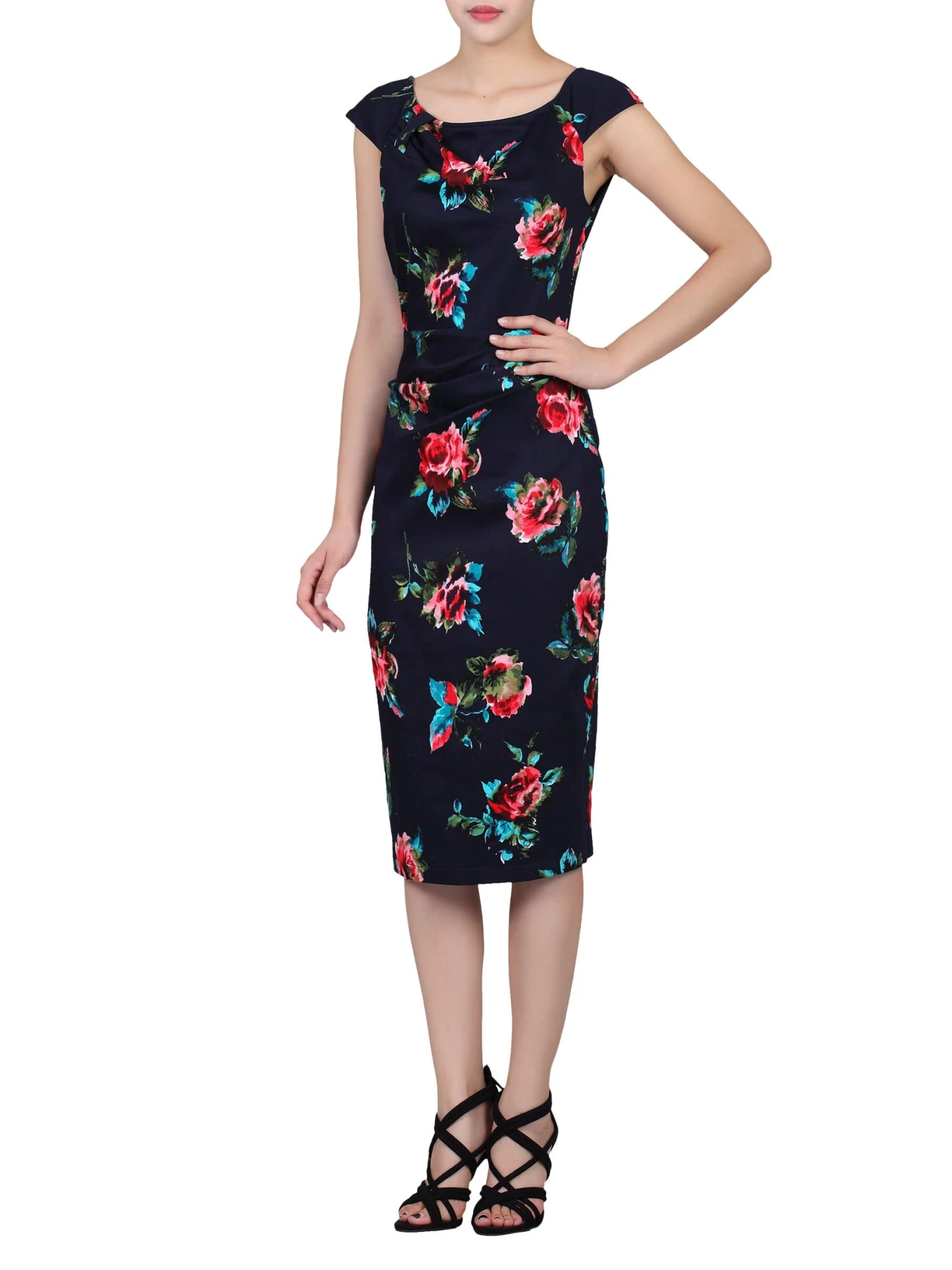 Floral Print Ruched Wiggle Dress, Navy Floral 2 Floral Print Ruched Wiggle Dress, Navy Floral - Image 2