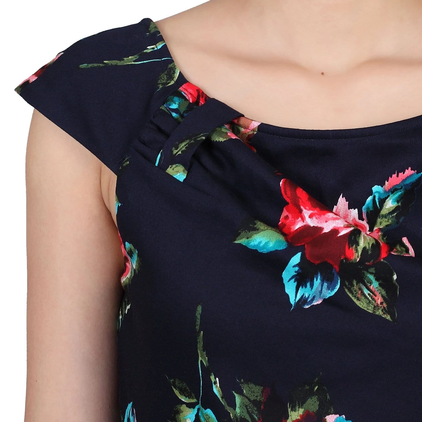 Floral Print Ruched Wiggle Dress, Navy Floral 4 Floral Print Ruched Wiggle Dress, Navy Floral - Image 4