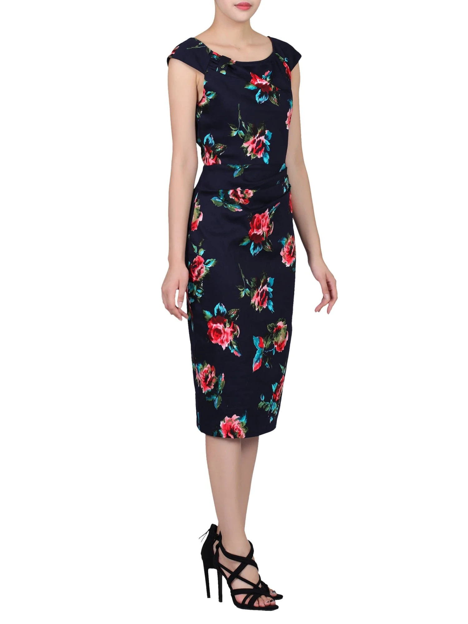 Floral Print Ruched Wiggle Dress, Navy Floral 3 Floral Print Ruched Wiggle Dress, Navy Floral - Image 3