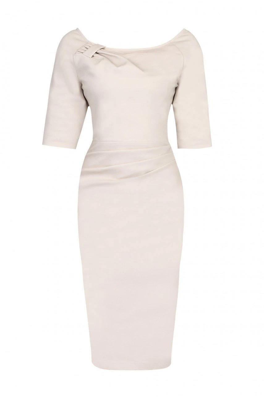 Half Sleeve Ruched Wiggle Dress, Beige 1 Half Sleeve Ruched Wiggle Dress, Beige