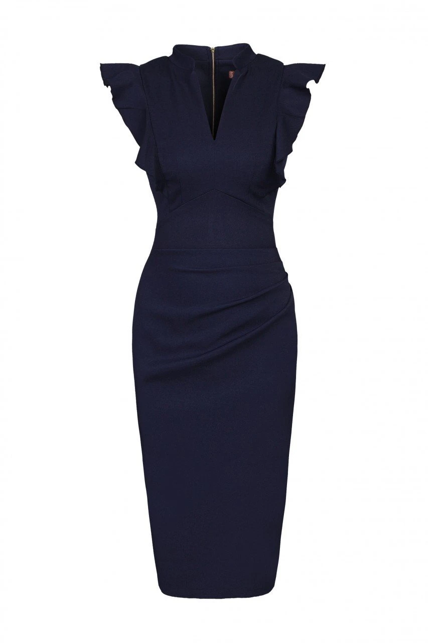 Frill Shoulder Bodycon Dress, Navy 6 Frill Shoulder Bodycon Dress, Navy - Image 6