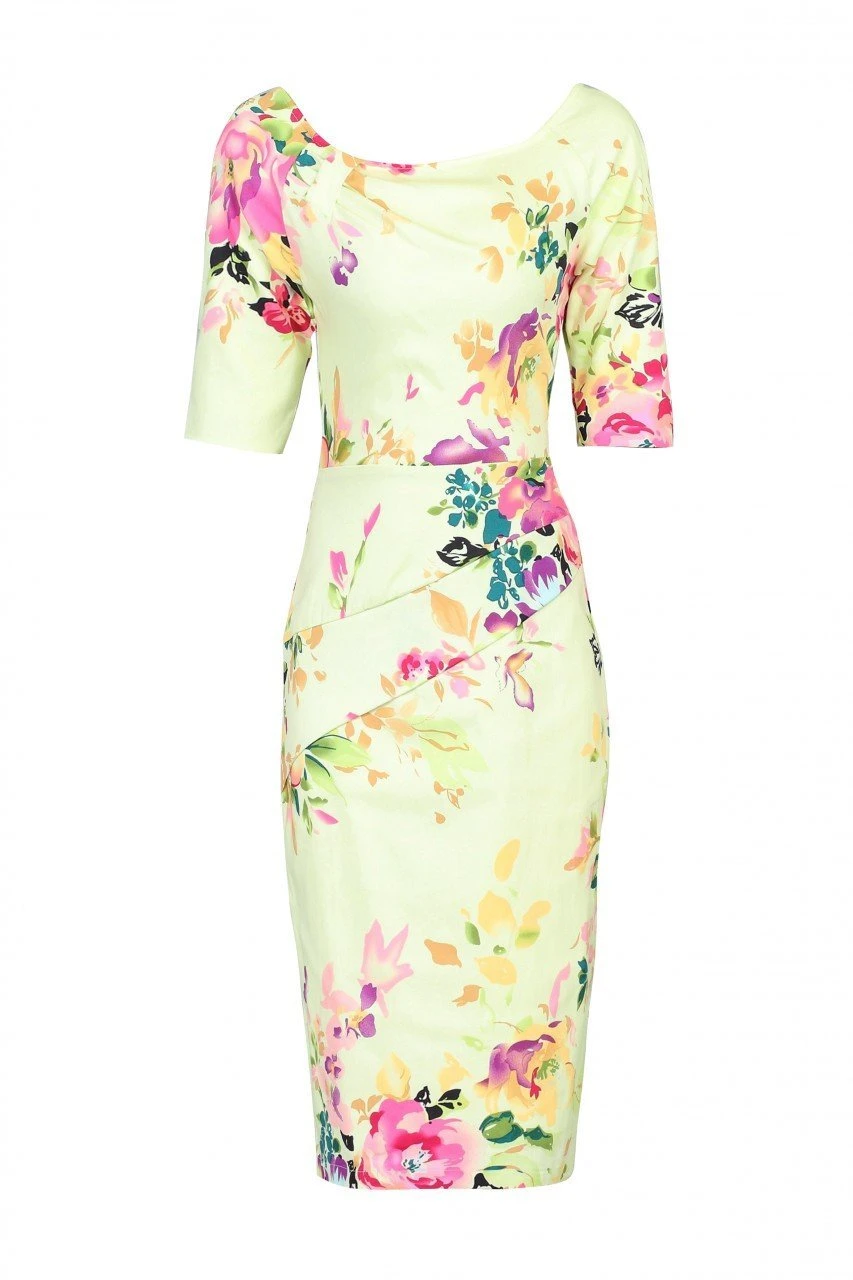 Half Sleeve Floral Print Dress, Yellow Floral 1 Half Sleeve Floral Print Dress, Yellow Floral