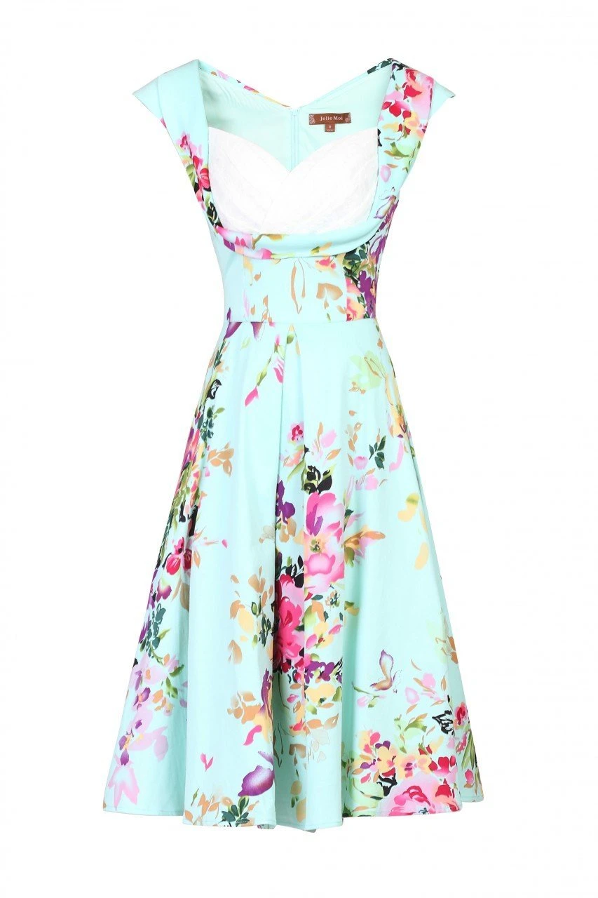 Retro Crossover Bust Swing Dress, Green Floral 1 Retro Crossover Bust Swing Dress, Green Floral