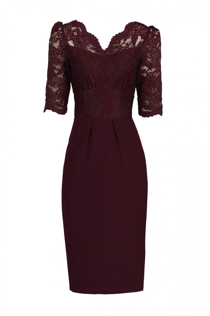 Elbow Sleeve Lace Contrast Dress, Burgundy 5 Elbow Sleeve Lace Contrast Dress, Burgundy - Image 5