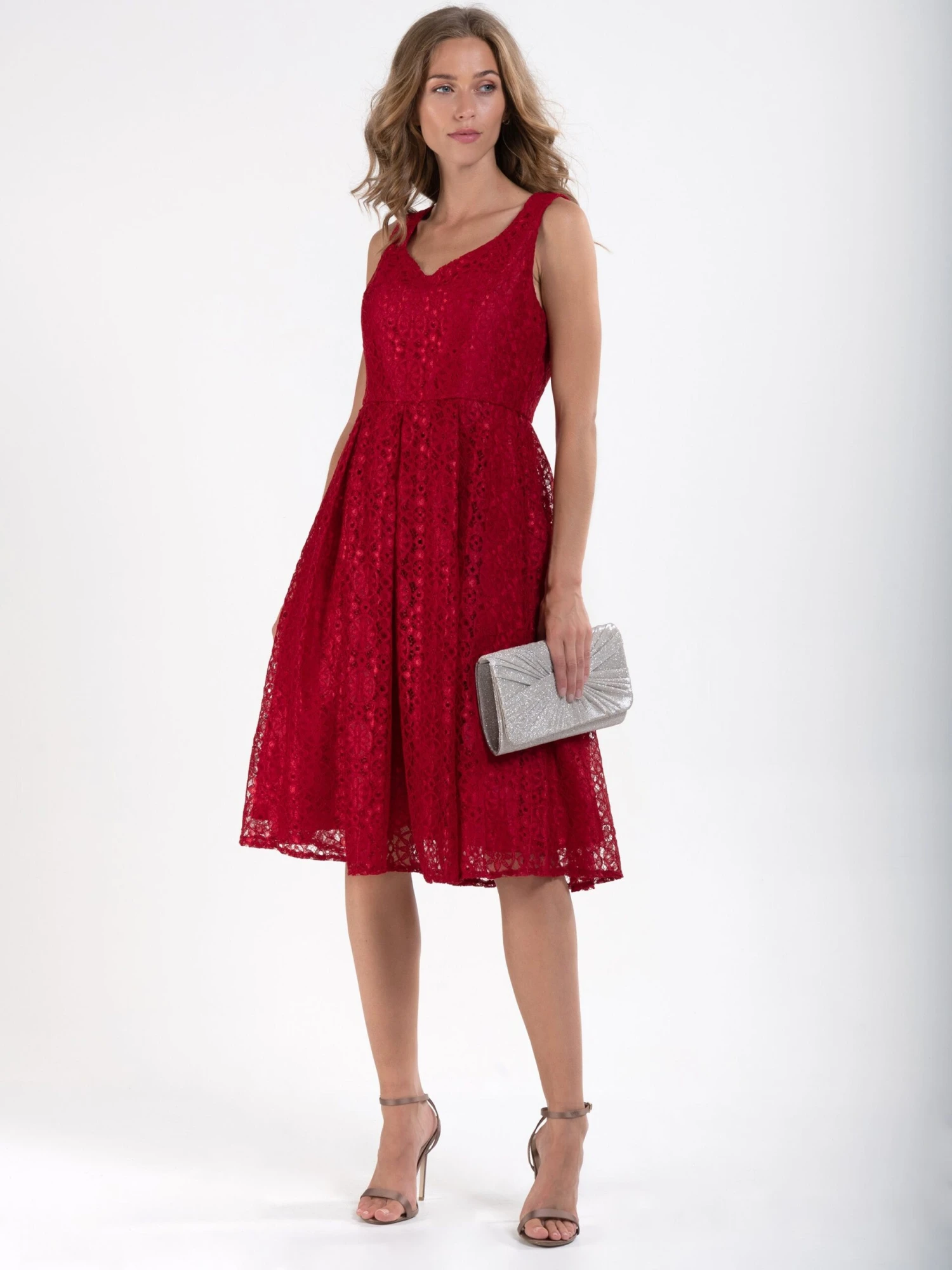 Sweetheart Pleated Lace Dress, Dark Red 2 Sweetheart Pleated Lace Dress, Dark Red - Image 2