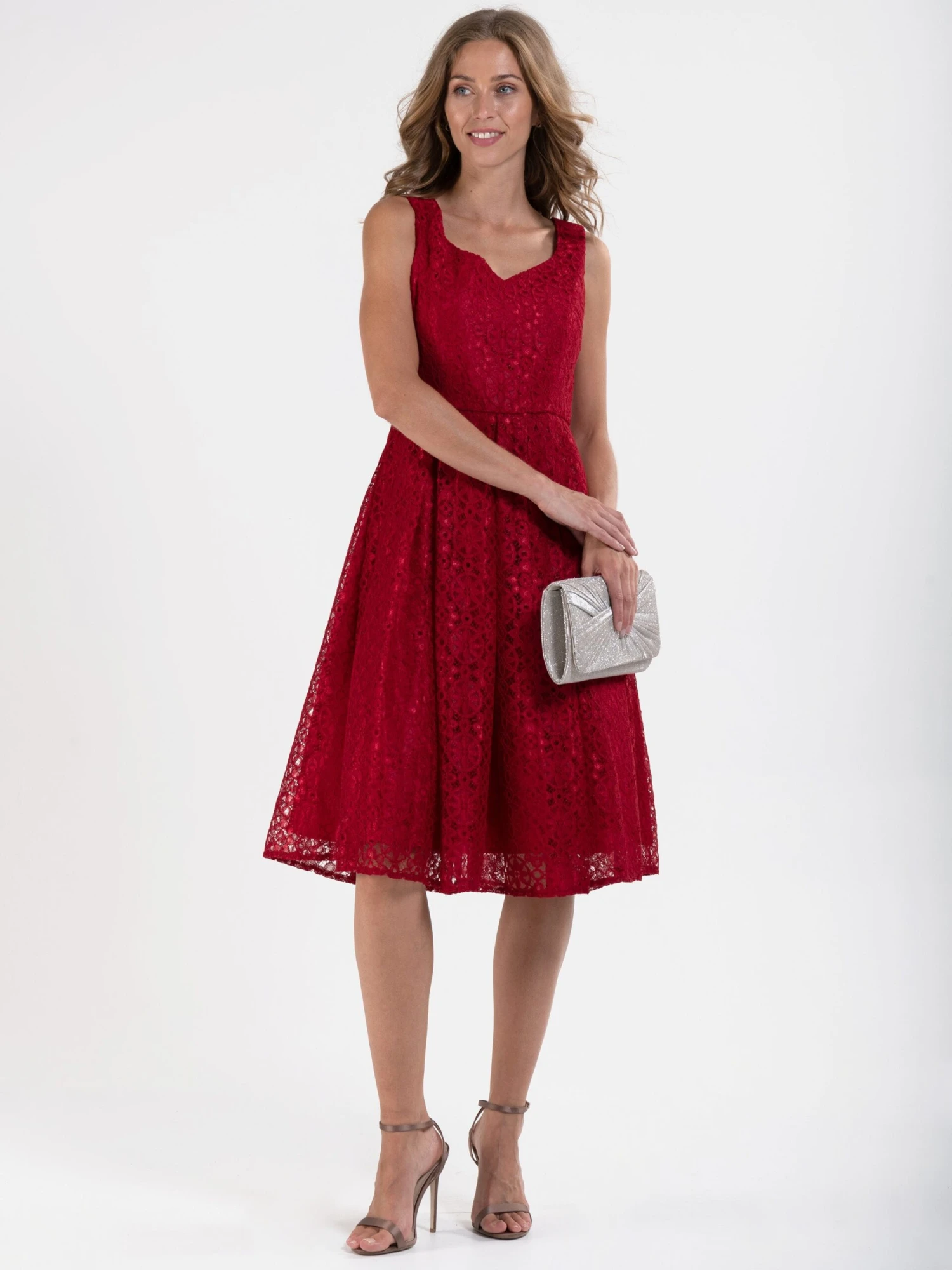 Sweetheart Pleated Lace Dress, Dark Red 3 Sweetheart Pleated Lace Dress, Dark Red - Image 3