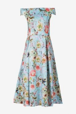 Print Bardot Neck Midi Dress, Aqua Floral
