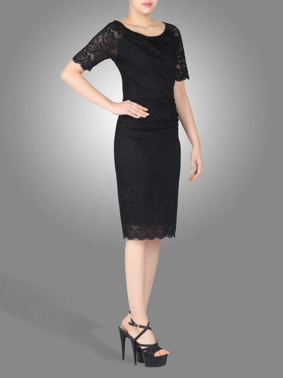 Lace Ruched Shift Dress, Black 3 Lace Ruched Shift Dress, Black - Image 3