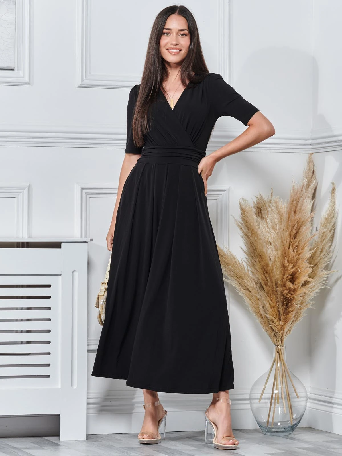 Plain Wrap Front Jersey Maxi Dress, Black 1 Plain Wrap Front Jersey Maxi Dress, Black
