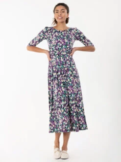 Pauline Sleeved Maxi Dress, Purple Floral -DORIA Clothing Shop JolieMoi34SleeveFloralPrintJerseyMaxiDress PurpleFloral3