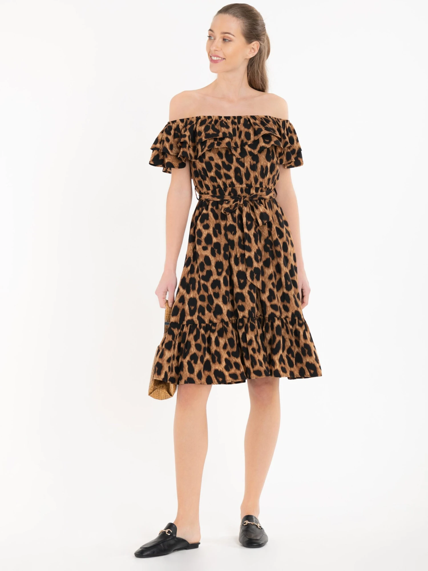 Jolie Moi Printed Ruffle Dress, Brown Animal 4 Jolie Moi Printed Ruffle Dress, Brown Animal - Image 4
