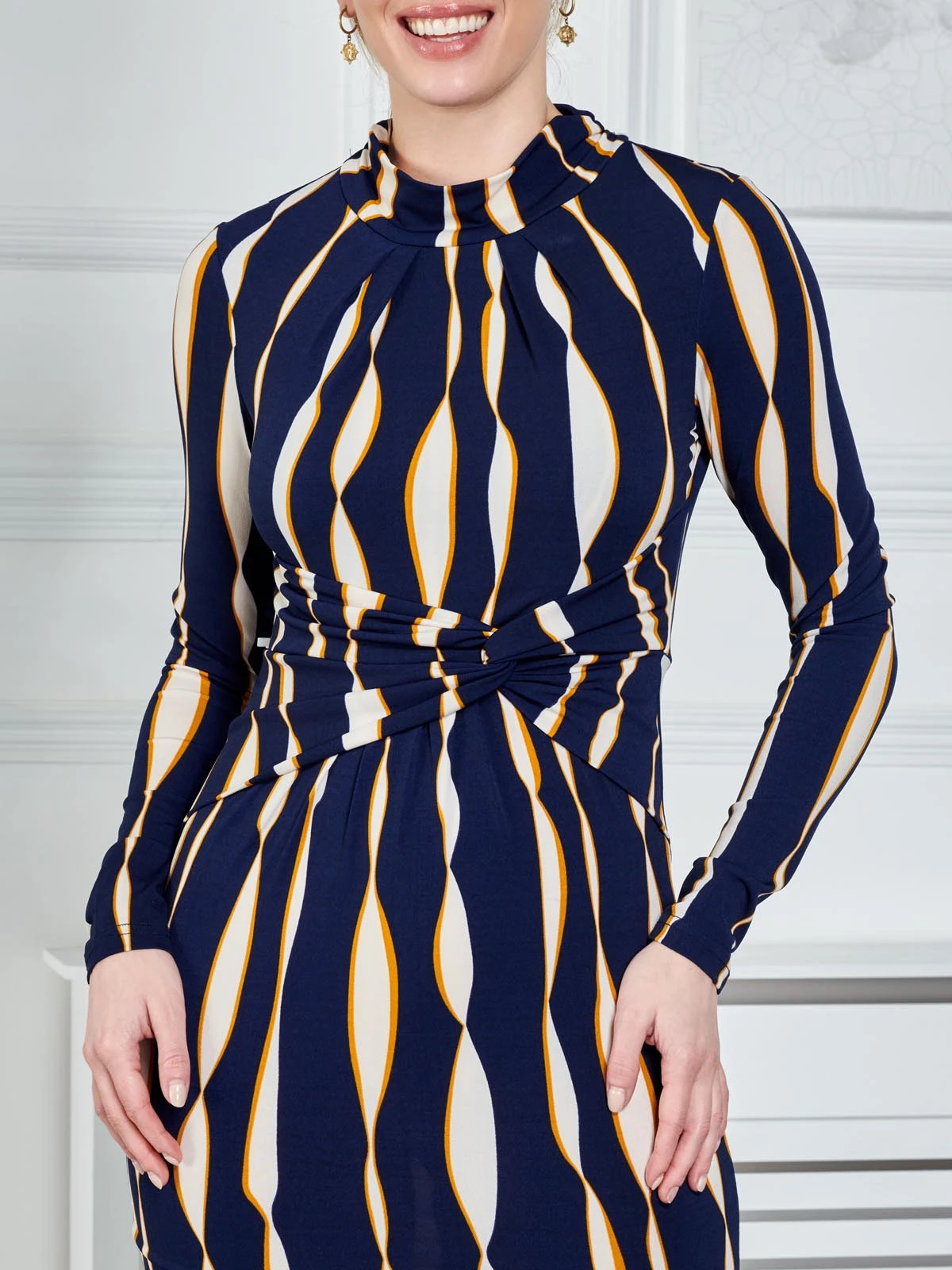 Twist Front Long Sleeve Dress, Navy Wave 3 Twist Front Long Sleeve Dress, Navy Wave - Image 3
