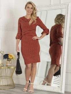 Bell Sleeve Fold Neck Jersey Dress, Red Geo -DORIA Clothing Shop K 183 RedGeo 5 89ba9950 a14c 4df4 84e9 552e52d0f912