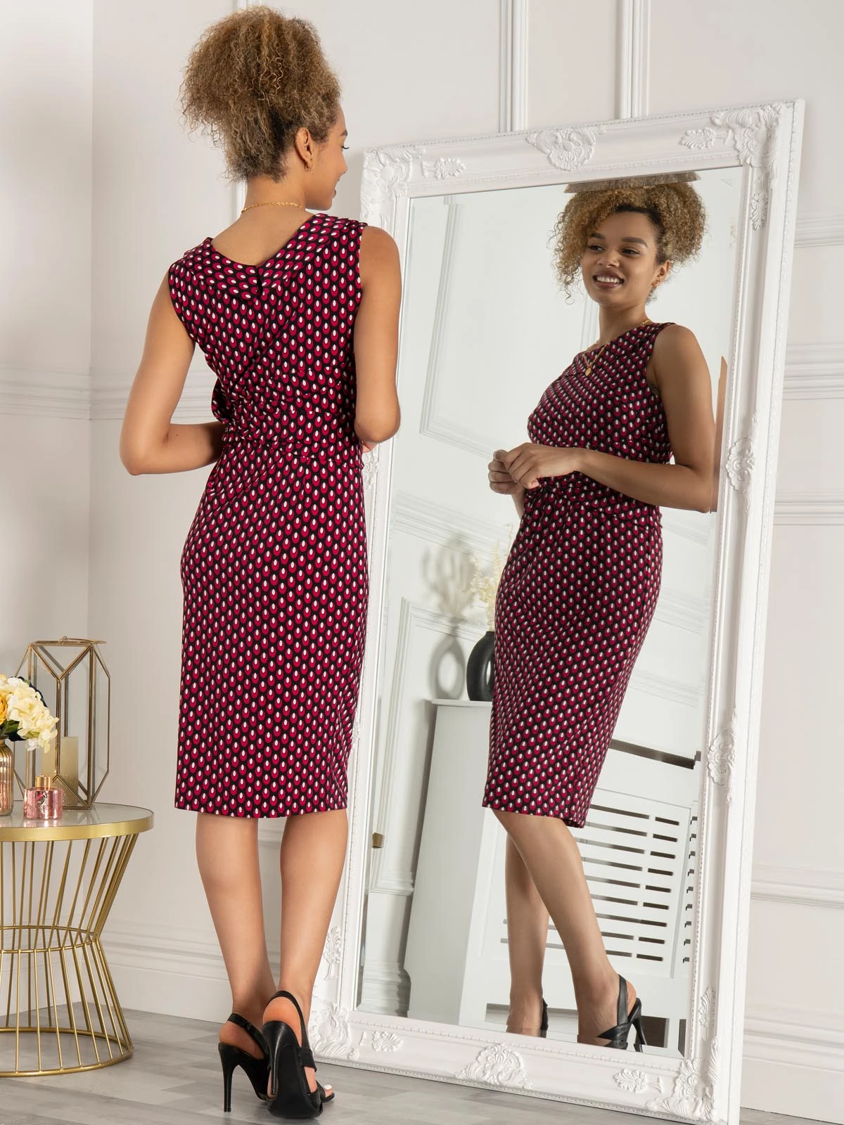 Jolie Moi Roll Collar Sleeveless Shift Dress, Pink Geo 4 Jolie Moi Roll Collar Sleeveless Shift Dress, Pink Geo - Image 4