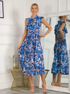 Kynlee Frilly Shoulder Maxi Dress, Blue Floral 10 Kynlee Frilly Shoulder Maxi Dress, Blue Floral -DORIA Clothing Shop K 2158 BlueFloral 1