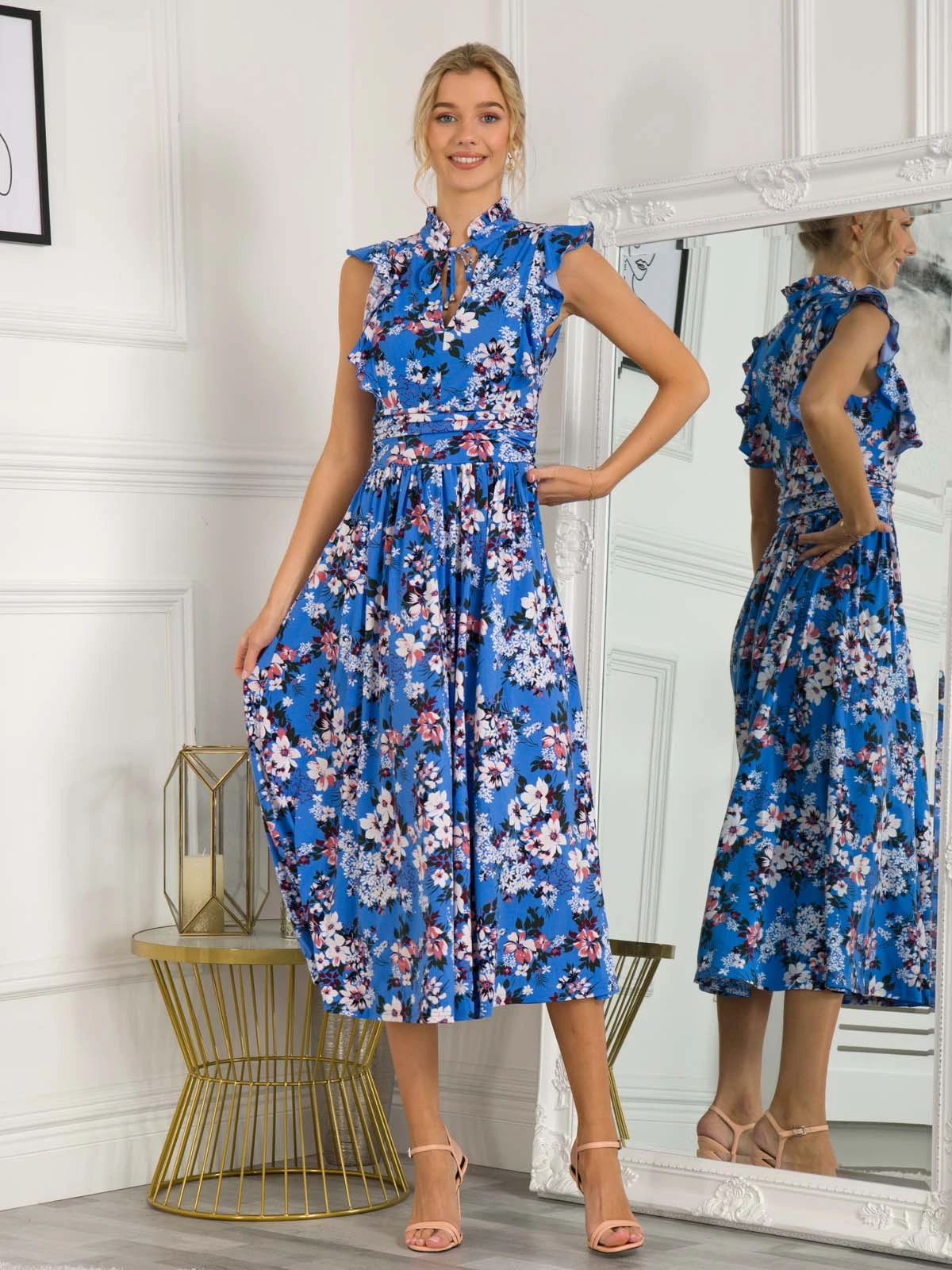 Kynlee Frilly Shoulder Maxi Dress, Blue Floral 5 Kynlee Frilly Shoulder Maxi Dress, Blue Floral - Image 5