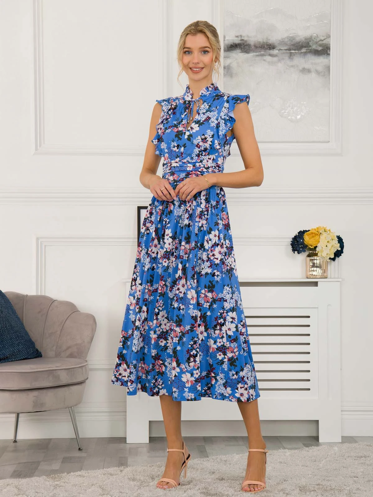 Kynlee Frilly Shoulder Maxi Dress, Blue Floral 1 Kynlee Frilly Shoulder Maxi Dress, Blue Floral