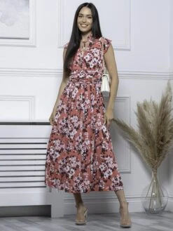 Kynlee Frilly Shoulder Maxi Dress, Coral -DORIA Clothing Shop K 2158 Coral 1