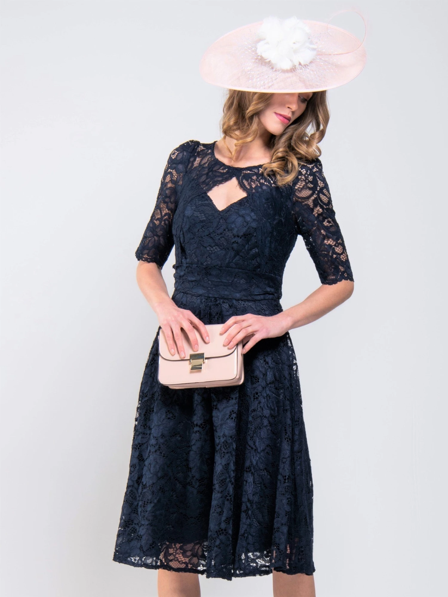 Fit And Flare Lace Midi Dress, Navy 2 Fit And Flare Lace Midi Dress, Navy - Image 2
