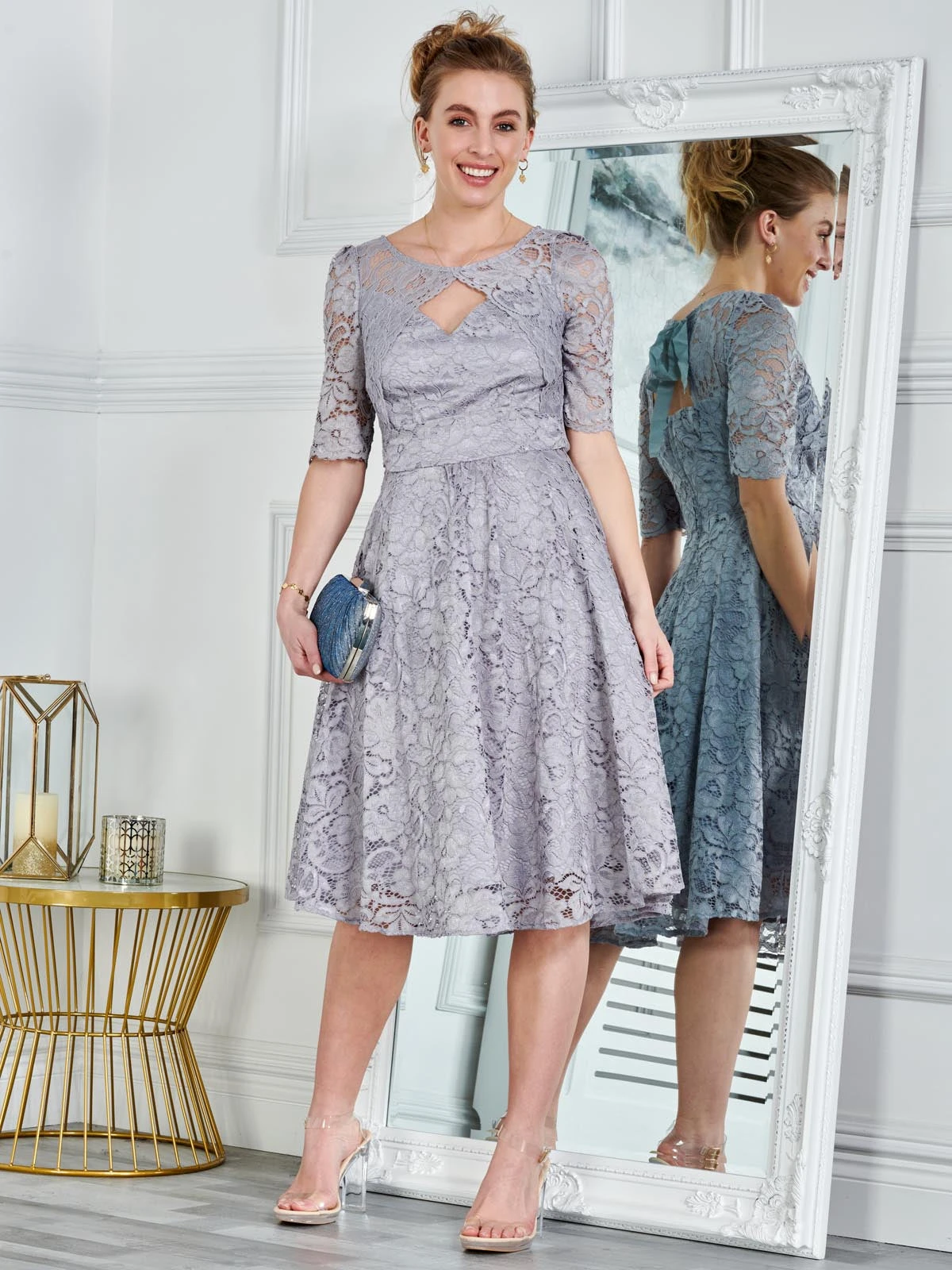Fit & Flare Sleeved Lace Midi Dress, Silver Grey 1 Fit & Flare Sleeved Lace Midi Dress, Silver Grey