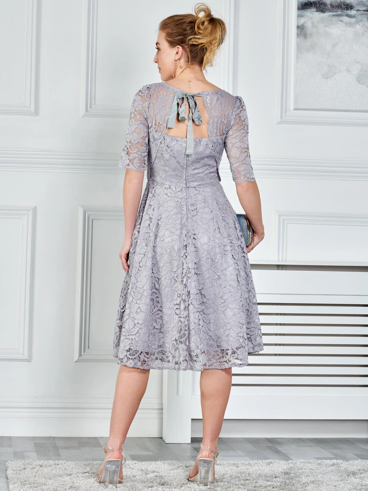 Fit & Flare Sleeved Lace Midi Dress, Silver Grey 2 Fit & Flare Sleeved Lace Midi Dress, Silver Grey - Image 2