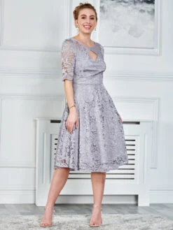 Fit & Flare Sleeved Lace Midi Dress, Silver Grey 10 Fit & Flare Sleeved Lace Midi Dress, Silver Grey -DORIA Clothing Shop K 6811 SilverGrey 4 5add8914 4e2a 4763 918c 3318e9ae911e