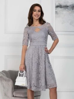 Fit & Flare Sleeved Lace Midi Dress, Silver Grey 12 Fit & Flare Sleeved Lace Midi Dress, Silver Grey -DORIA Clothing Shop K 6811 SilverGrey 5