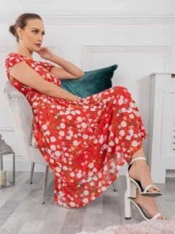 Kiara Bardot Neck Mesh Dress, Red Floral -DORIA Clothing Shop KH 2318RedFloral 11 78895fa4 9182 48dd acfb 93fc3bd69322