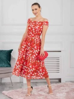 Kiara Bardot Neck Mesh Dress, Red Floral -DORIA Clothing Shop KH 2318RedFloral 7 048a42c3 1d15 4631 956b 3eccb5697d12