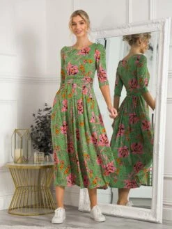 Kimberly Jersey 3/4 Sleeve Maxi Dress, Green Floral 7 Kimberly Jersey 3/4 Sleeve Maxi Dress, Green Floral -DORIA Clothing Shop KIM162 7 GreenFloral 1