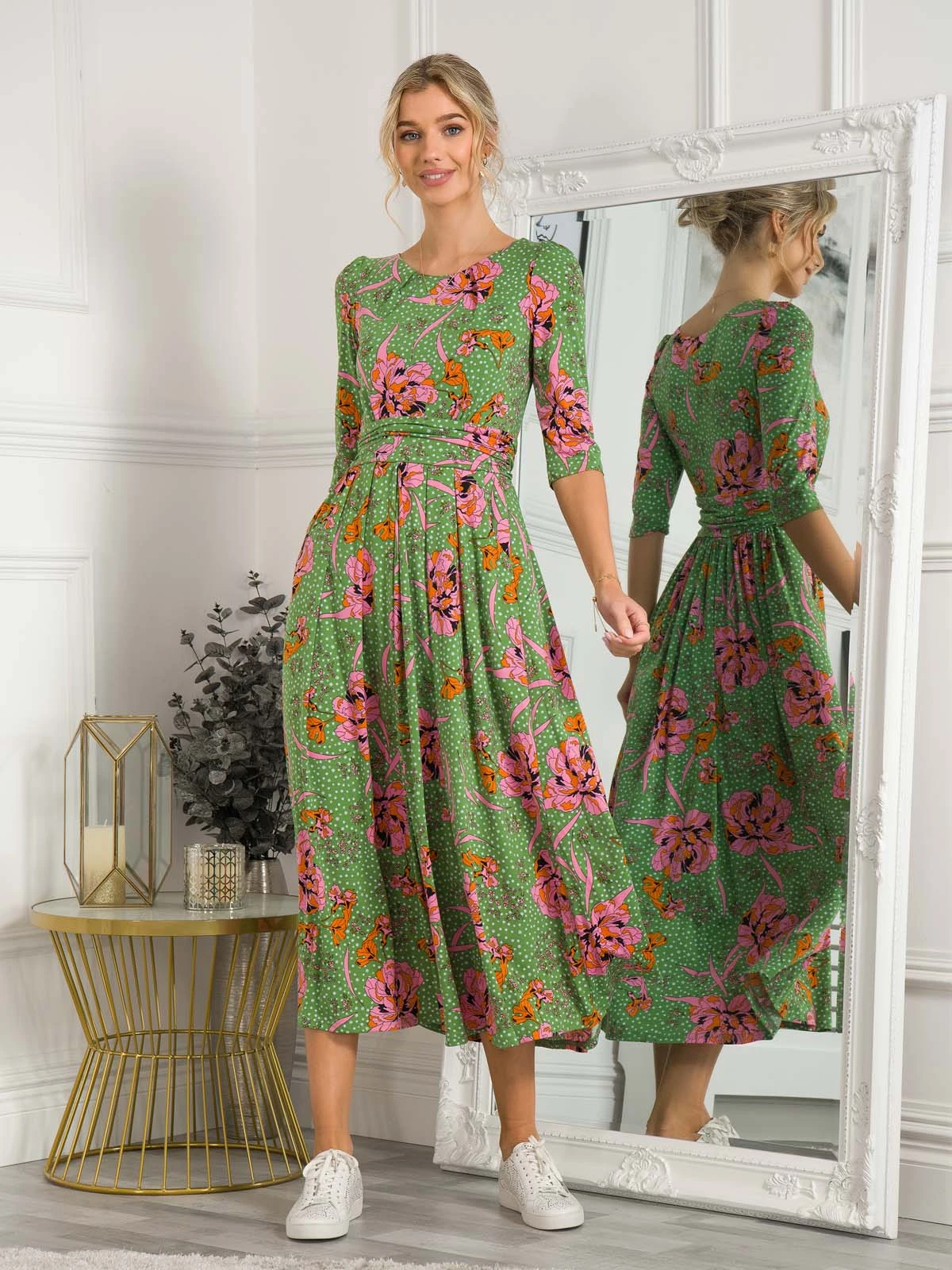 Kimberly Jersey 3/4 Sleeve Maxi Dress, Green Floral 4 Kimberly Jersey 3/4 Sleeve Maxi Dress, Green Floral - Image 4