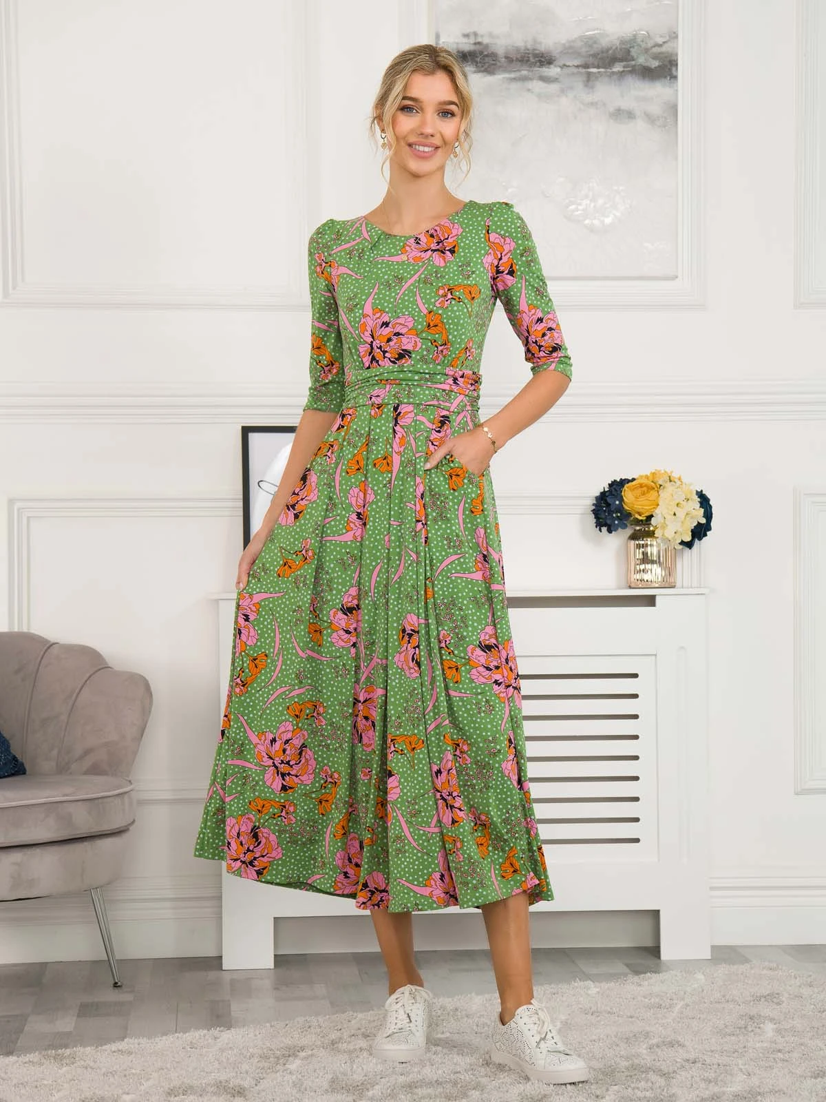 Kimberly Jersey 3/4 Sleeve Maxi Dress, Green Floral 2 Kimberly Jersey 3/4 Sleeve Maxi Dress, Green Floral - Image 2