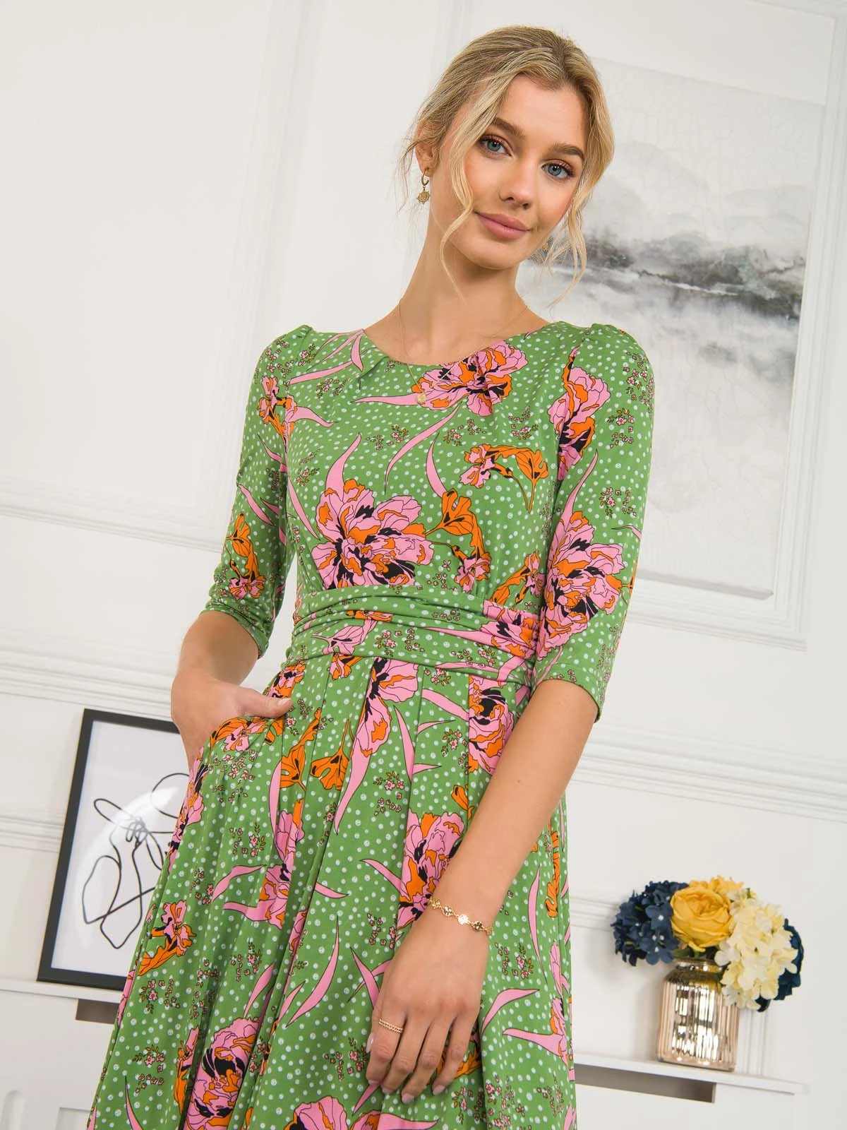 Kimberly Jersey 3/4 Sleeve Maxi Dress, Green Floral 3 Kimberly Jersey 3/4 Sleeve Maxi Dress, Green Floral - Image 3