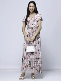 Kailee Mesh Floral Print Maxi Dress, Dusty Pink -DORIA Clothing Shop KME 9373 DustyPink 1