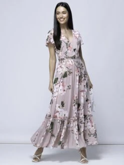 Kailee Mesh Floral Print Maxi Dress, Dusty Pink -DORIA Clothing Shop KME 9373 DustyPink 2