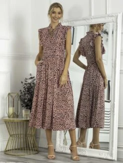 Kynlee Frilly Shoulder Maxi Dress, Pink Animal -DORIA Clothing Shop KY 2158 PinkAnimal 1