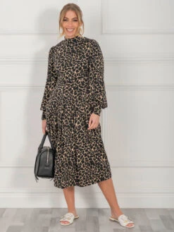Jolie Moi Kathryn Long Sleeve Midi Dress, Brown Animal -DORIA Clothing Shop KY 2312BrownAnimal 3