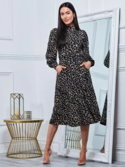 Jolie Moi Kathryn Long Sleeve Midi Dress, Brown Animal -DORIA Clothing Shop KY 2312 BrownAnimal 4