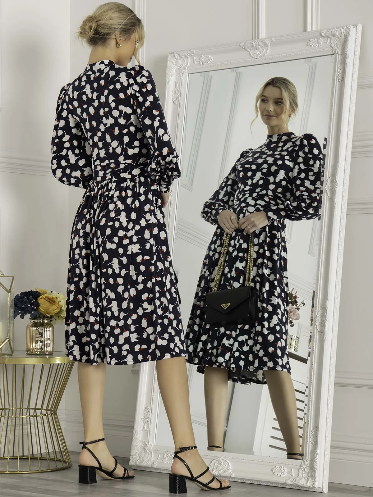 Jolie Moi Kathryn Long Sleeve Midi Dress, Navy White Floral 2 Jolie Moi Kathryn Long Sleeve Midi Dress, Navy White Floral - Image 2