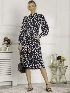Jolie Moi Kathryn Long Sleeve Midi Dress, Navy White Floral 7 Jolie Moi Kathryn Long Sleeve Midi Dress, Navy White Floral -DORIA Clothing Shop KY 2312 NavyWhiteFloral 3
