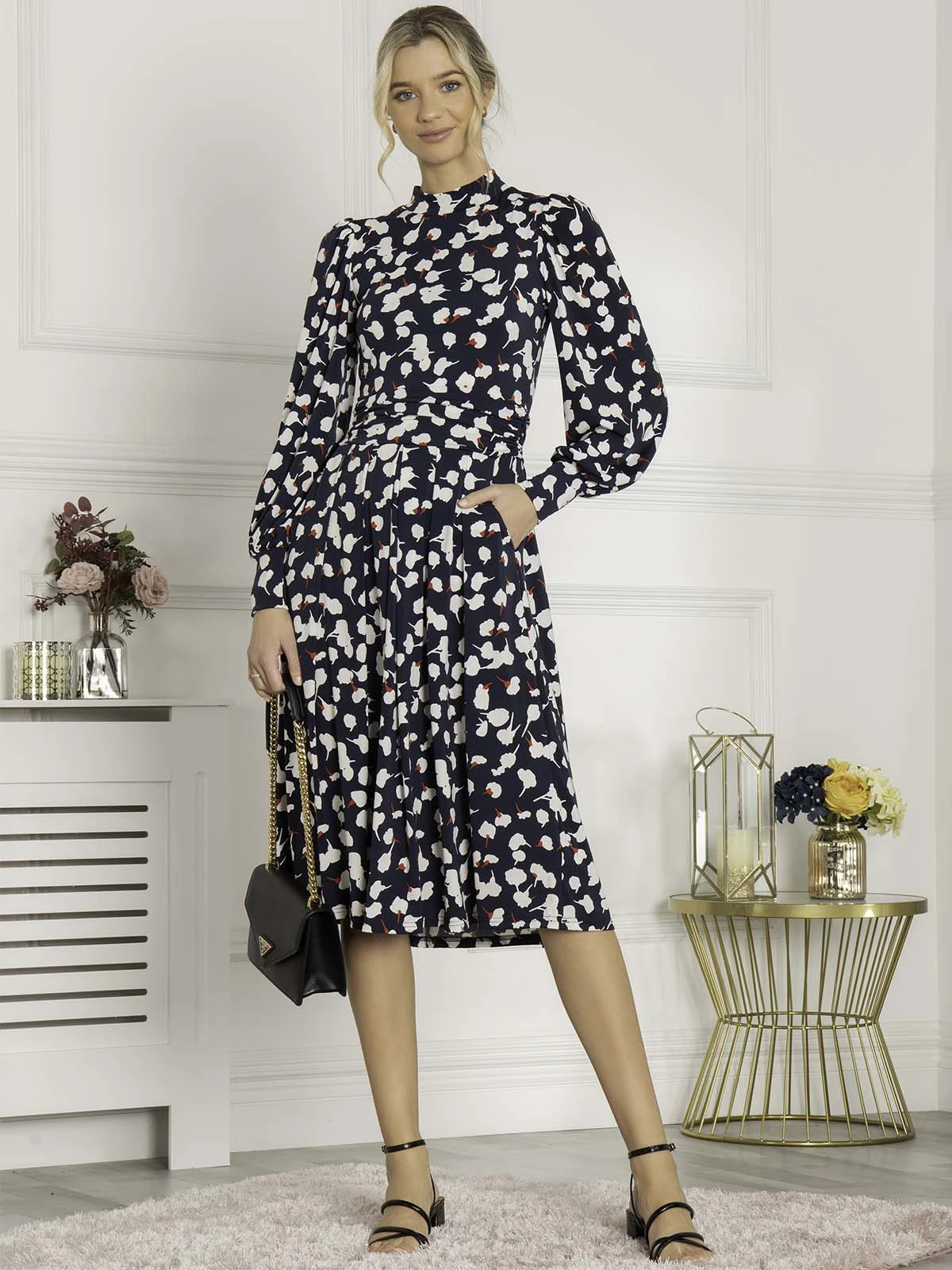 Jolie Moi Kathryn Long Sleeve Midi Dress, Navy White Floral 3 Jolie Moi Kathryn Long Sleeve Midi Dress, Navy White Floral - Image 3