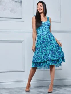 Gabriel Tiered Sleeveless Jersey Dress, Blue Floral -DORIA Clothing Shop L 578573 BlueFloral 5