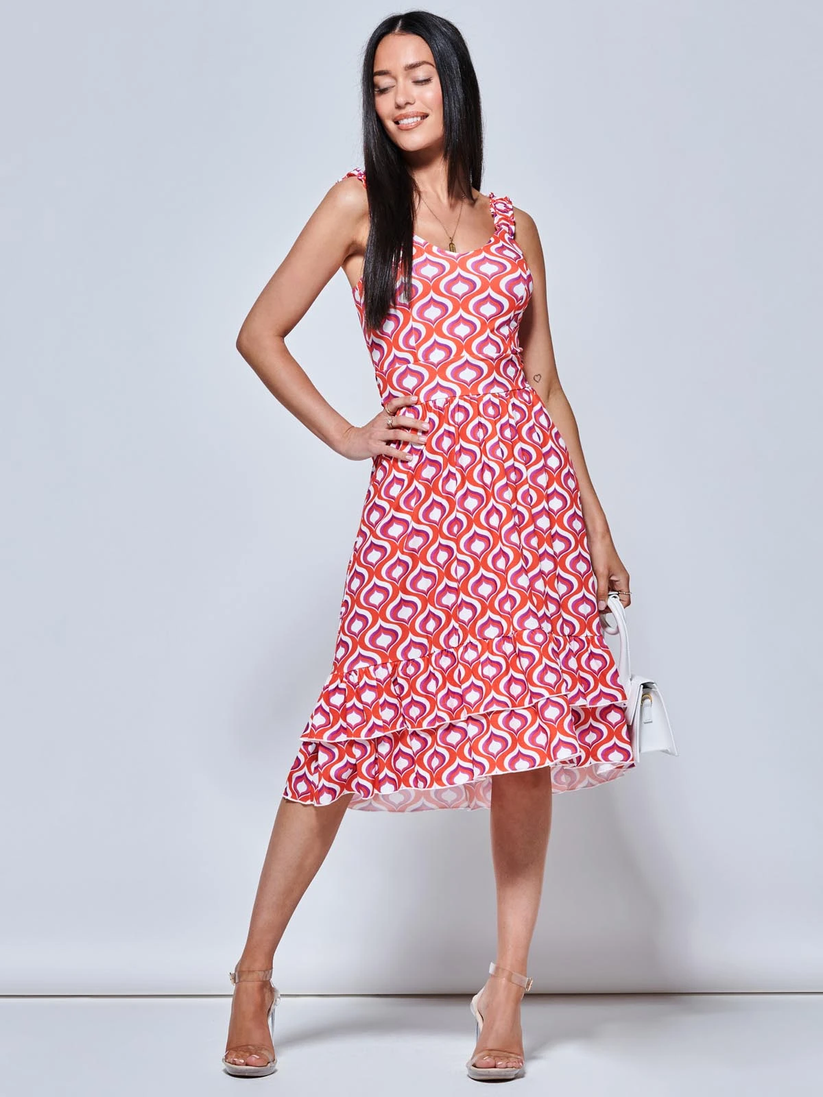 Gabriel Tiered Sleeveless Jersey Dress, Orange Geo 1 Gabriel Tiered Sleeveless Jersey Dress, Orange Geo