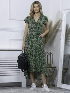 Lola Wrap Dip Hem Maxi Dress, Green Animal