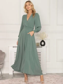 Rashelle Jersey Long Sleeve Maxi Dress, Pleat Green -DORIA Clothing Shop L312 145 PleatGreen 2