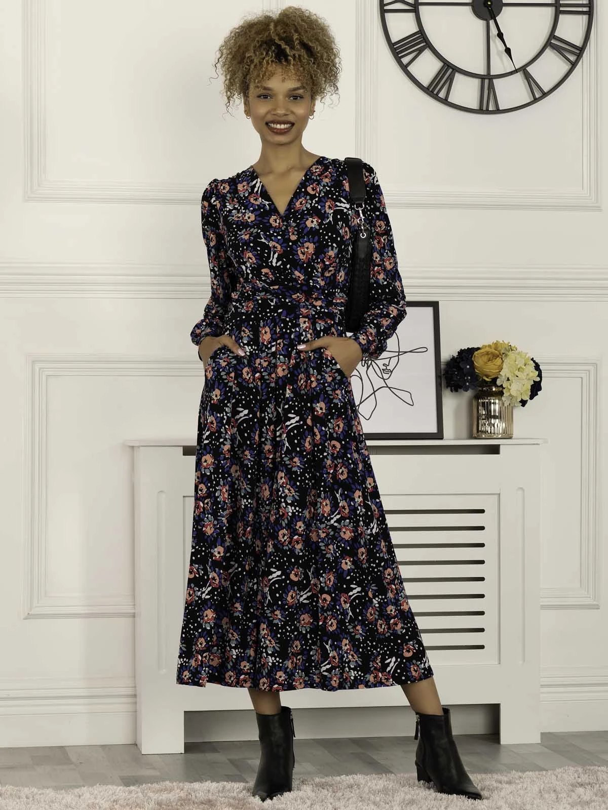 Vivian Long Sleeve Dress, Navy Floral 3 Vivian Long Sleeve Dress, Navy Floral - Image 3