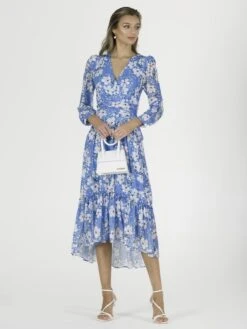 Lilianna Mesh Long Sleeve Tiered Hem Dress, Blue Floral 13 Lilianna Mesh Long Sleeve Tiered Hem Dress, Blue Floral -DORIA Clothing Shop L36 1212 BlueFloral 1